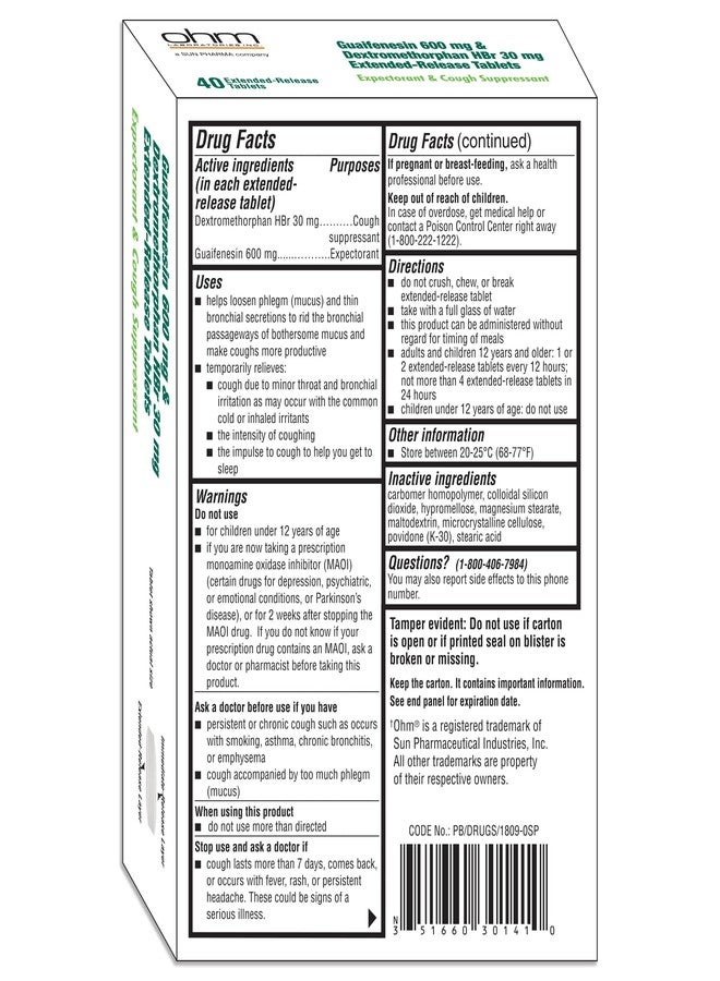 Ohm Guaifenesin 600 mg Extended Release Tablets, Dextromethorphan HBr 30 mg - Expectorant & Cough Suppressant, Loosens Mucus, Controls Cough for Immediate and Extended Relief - 40 Tablets - Image 2